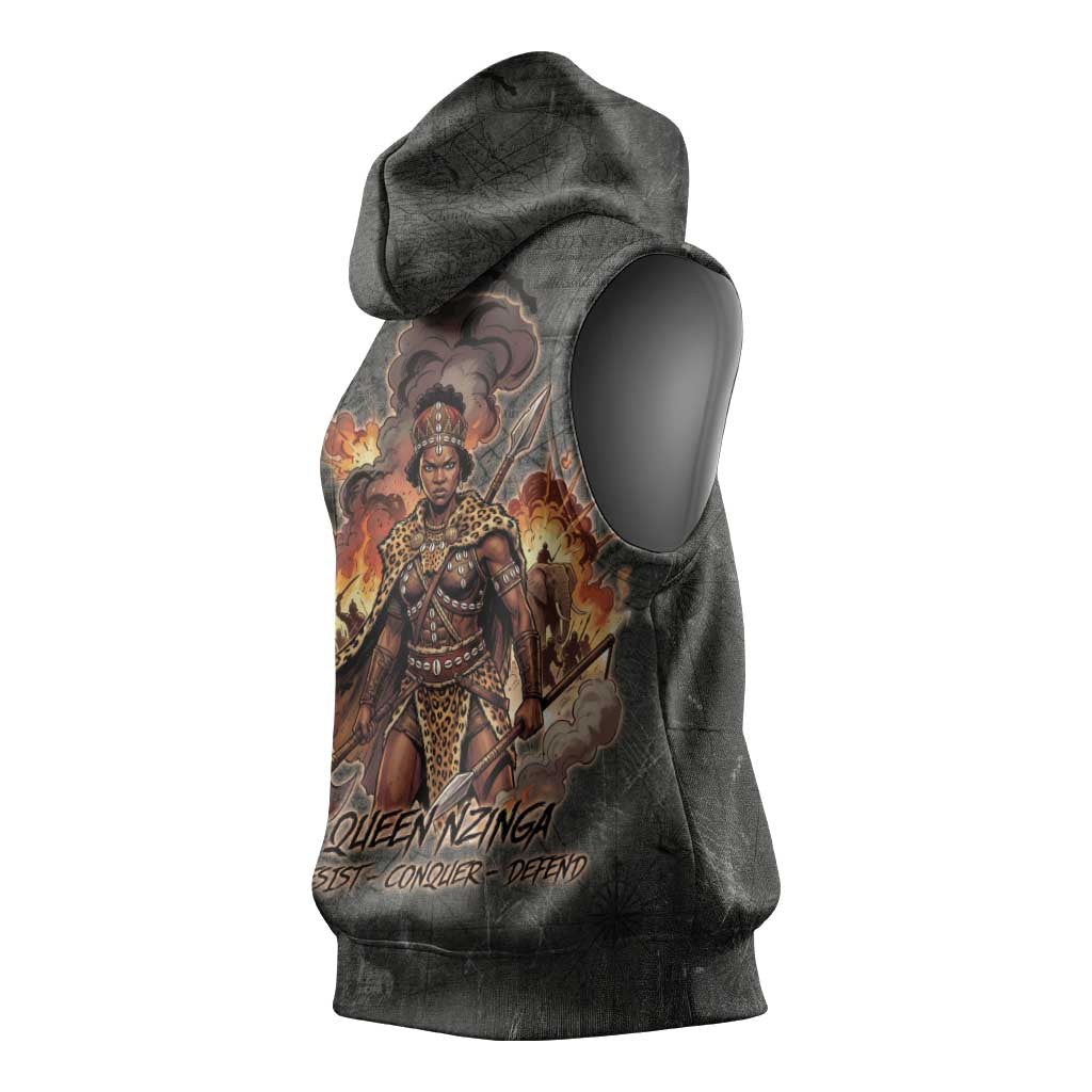 Queen Nzinga Sleeveless Hoodie Fierce African Warrior Queen - Dark Tribal Fire Art - African Pride