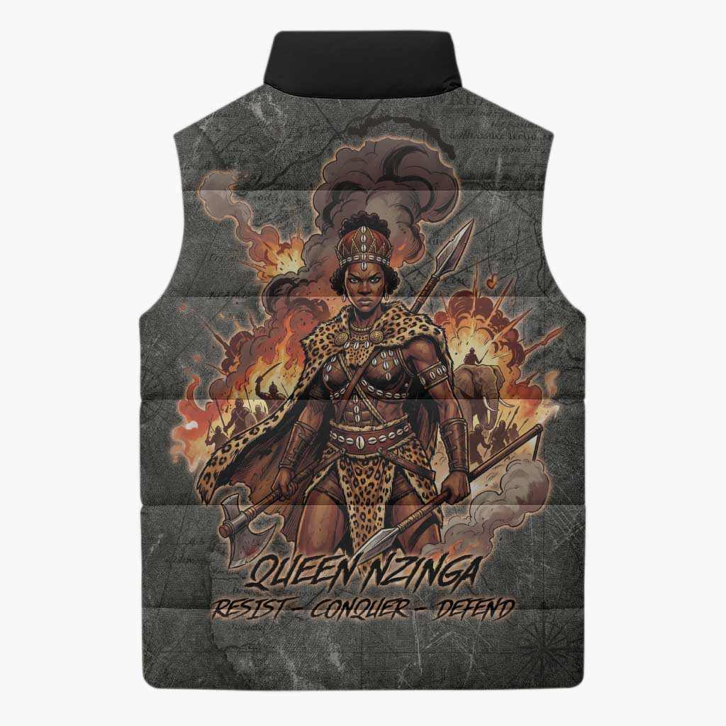 Queen Nzinga Sleeveless Puffer Jacket Fierce African Warrior Queen - Dark Tribal Fire Art - African Pride