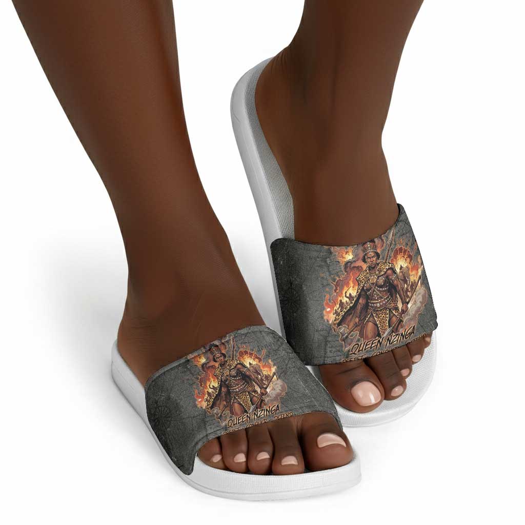 Queen Nzinga Slide Sandals Fierce African Warrior Queen - Dark Tribal Fire Art - African Pride