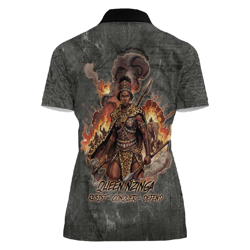 Queen Nzinga Women Polo Shirt Fierce African Warrior Queen - Dark Tribal Fire Art - African Pride
