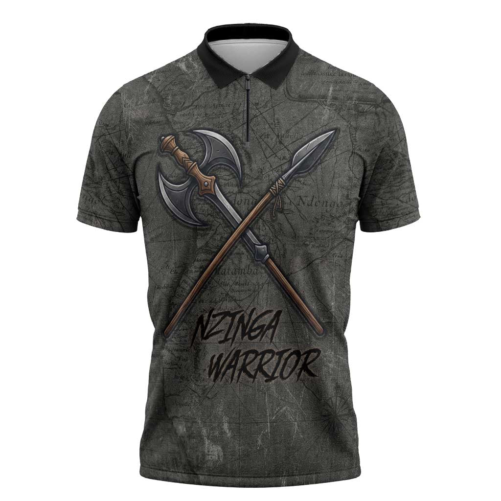 Queen Nzinga Zipper Polo Shirt Fierce African Warrior Queen - Dark Tribal Fire Art - African Pride