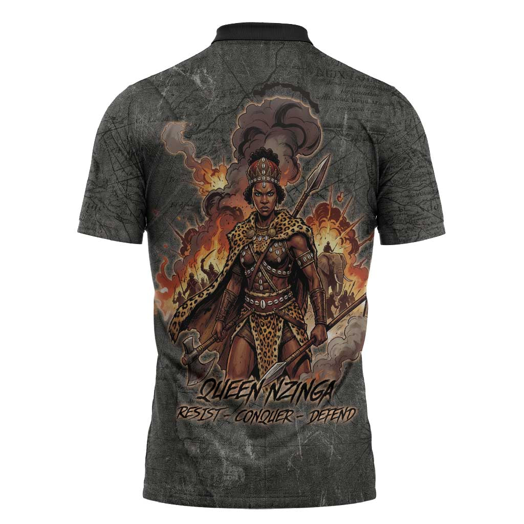 Queen Nzinga Zipper Polo Shirt Fierce African Warrior Queen - Dark Tribal Fire Art - African Pride