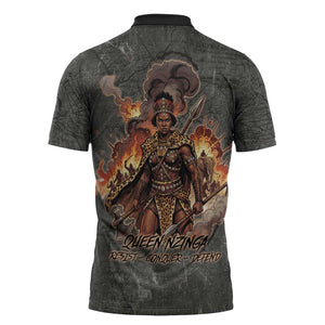 Queen Nzinga Zipper Polo Shirt Fierce African Warrior Queen - Dark Tribal Fire Art - African Pride
