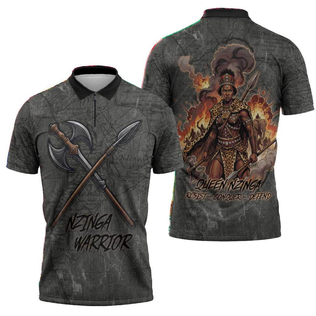 Queen Nzinga Zipper Polo Shirt Fierce African Warrior Queen - Dark Tribal Fire Art - African Pride