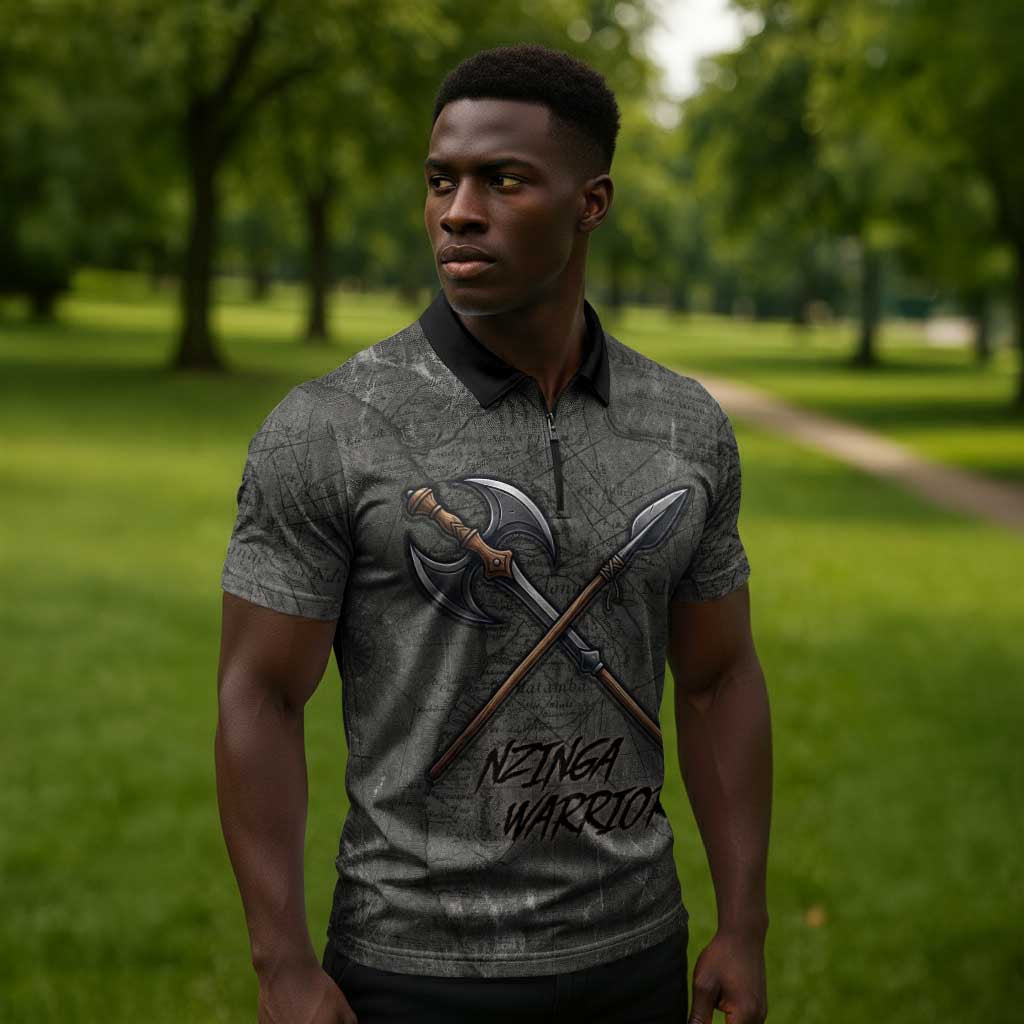 Queen Nzinga Zipper Polo Shirt Fierce African Warrior Queen - Dark Tribal Fire Art - African Pride