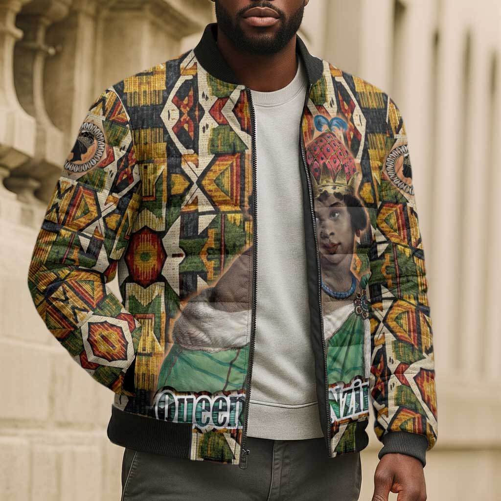 Queen Nzinga Bomber Puffer Jacket Mbandi Traditional Regal Portrait Empowerment Quote African Female Leadership - African Pride