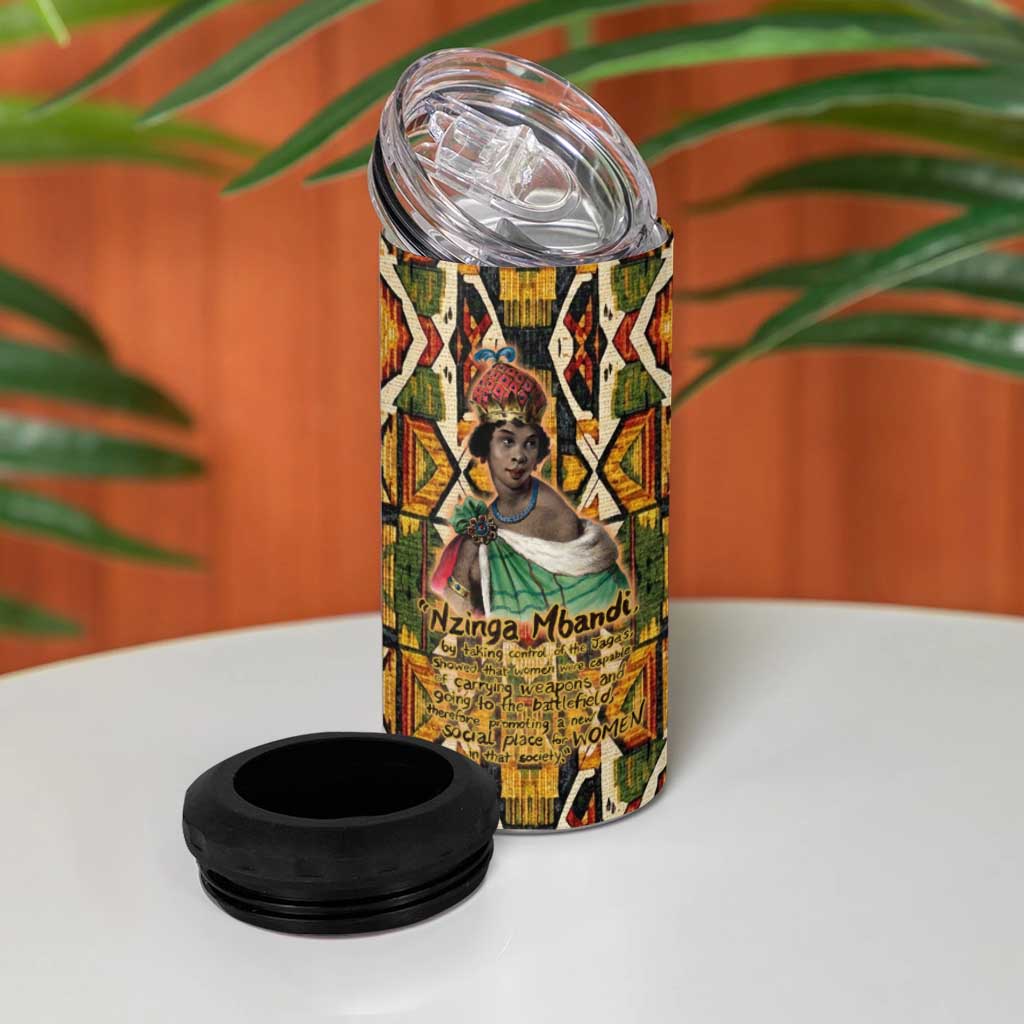 Queen Nzinga 4 in 1 Can Cooler Tumbler Mbandi Traditional Regal Portrait Empowerment Quote African Female Leadership - African Pride