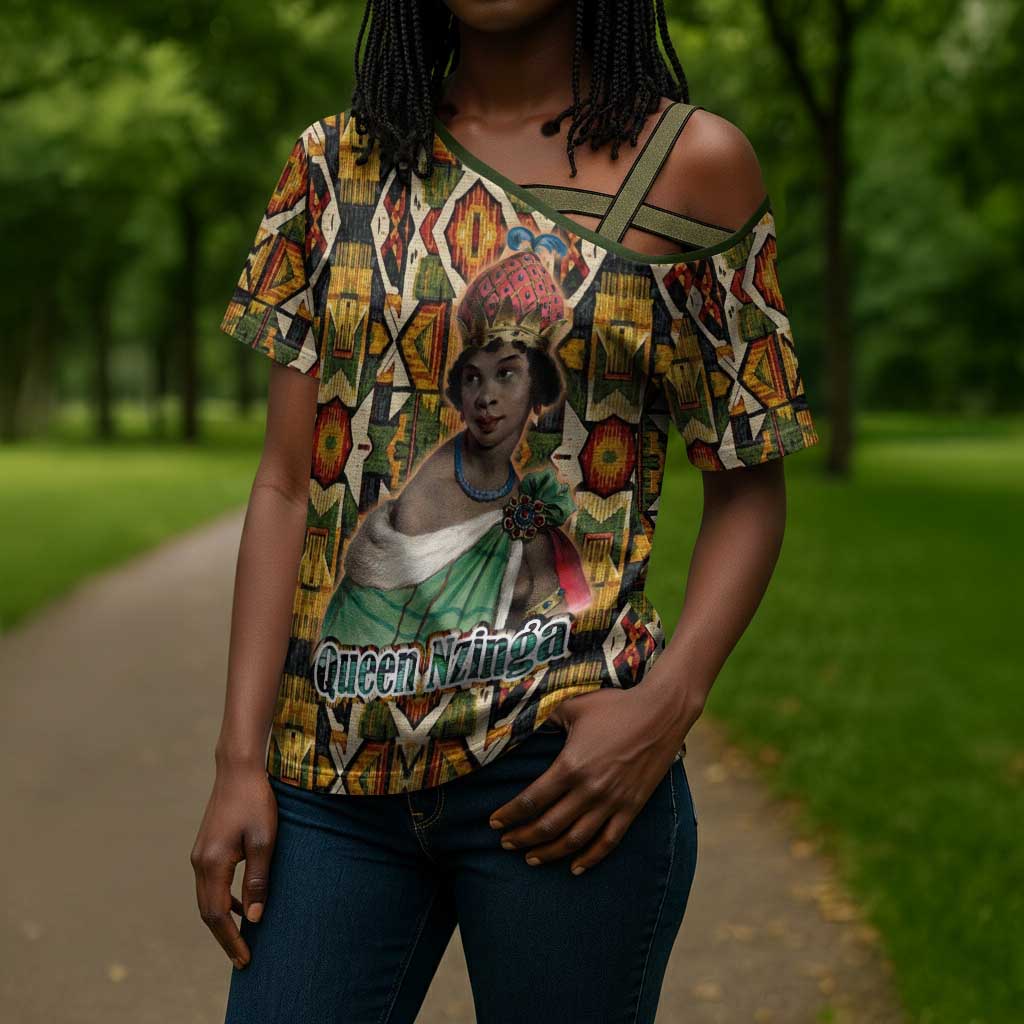 Queen Nzinga Cross Shoulder Shirt Mbandi Traditional Regal Portrait Empowerment Quote African Female Leadership - African Pride