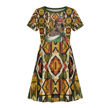 Queen Nzinga Kid Short Sleeve Dress Mbandi Traditional Regal Portrait Empowerment Quote African Female Leadership - African Pride