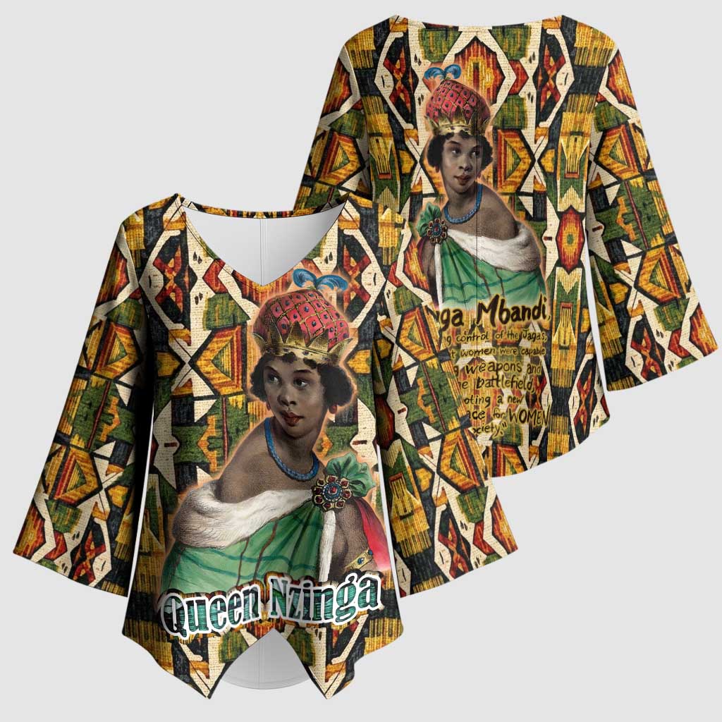 Queen Nzinga Kimono Sleeve Blouse Mbandi Traditional Regal Portrait Empowerment Quote African Female Leadership - African Pride