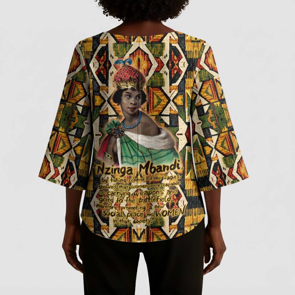 Queen Nzinga Kimono Sleeve Blouse Mbandi Traditional Regal Portrait Empowerment Quote African Female Leadership - African Pride