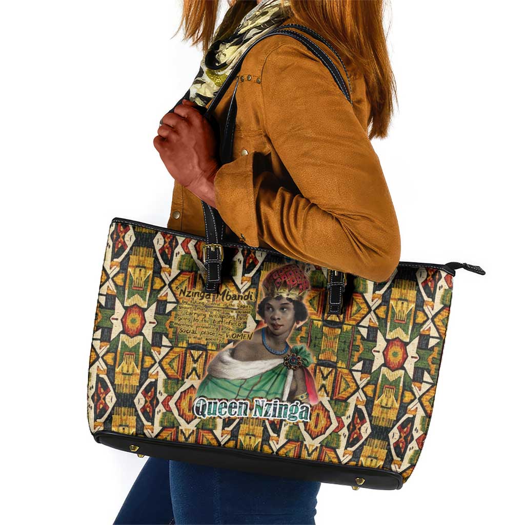 Queen Nzinga Leather Tote Bag Mbandi Traditional Regal Portrait Empowerment Quote African Female Leadership - African Pride