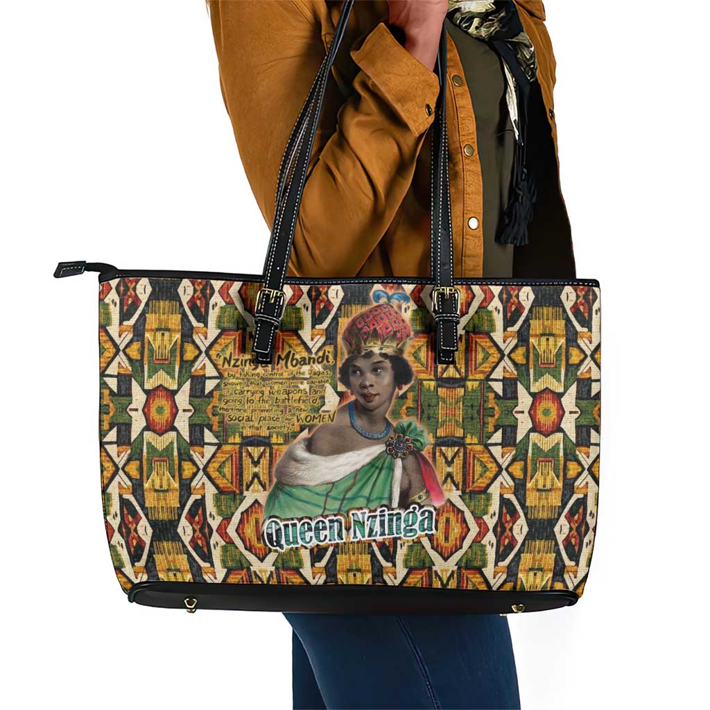 Queen Nzinga Leather Tote Bag Mbandi Traditional Regal Portrait Empowerment Quote African Female Leadership - African Pride