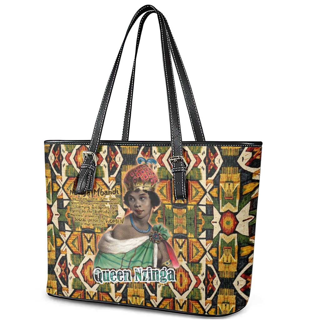 Queen Nzinga Leather Tote Bag Mbandi Traditional Regal Portrait Empowerment Quote African Female Leadership - African Pride