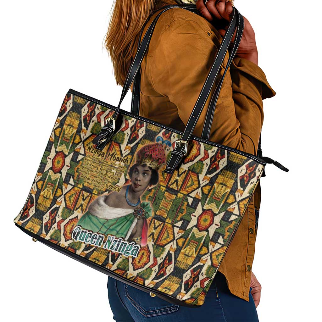Queen Nzinga Leather Tote Bag Mbandi Traditional Regal Portrait Empowerment Quote African Female Leadership - African Pride