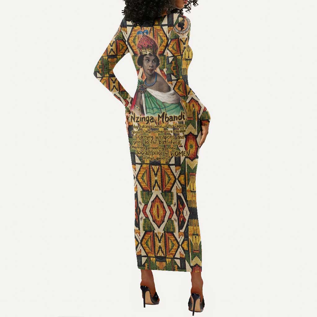 Queen Nzinga Long Sleeve Bodycon Dress Mbandi Traditional Regal Portrait Empowerment Quote African Female Leadership - African Pride