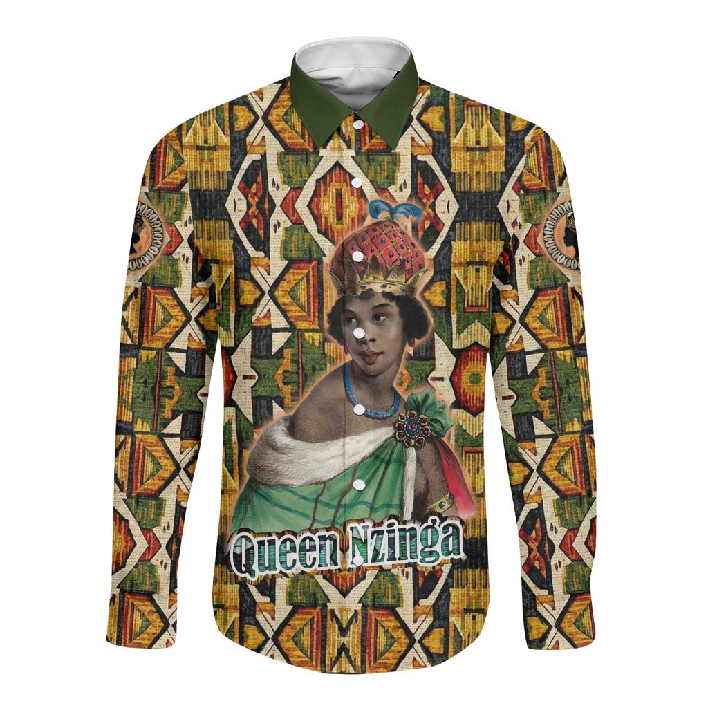 Queen Nzinga Long Sleeve Button Shirt Mbandi Traditional Regal Portrait Empowerment Quote African Female Leadership - African Pride