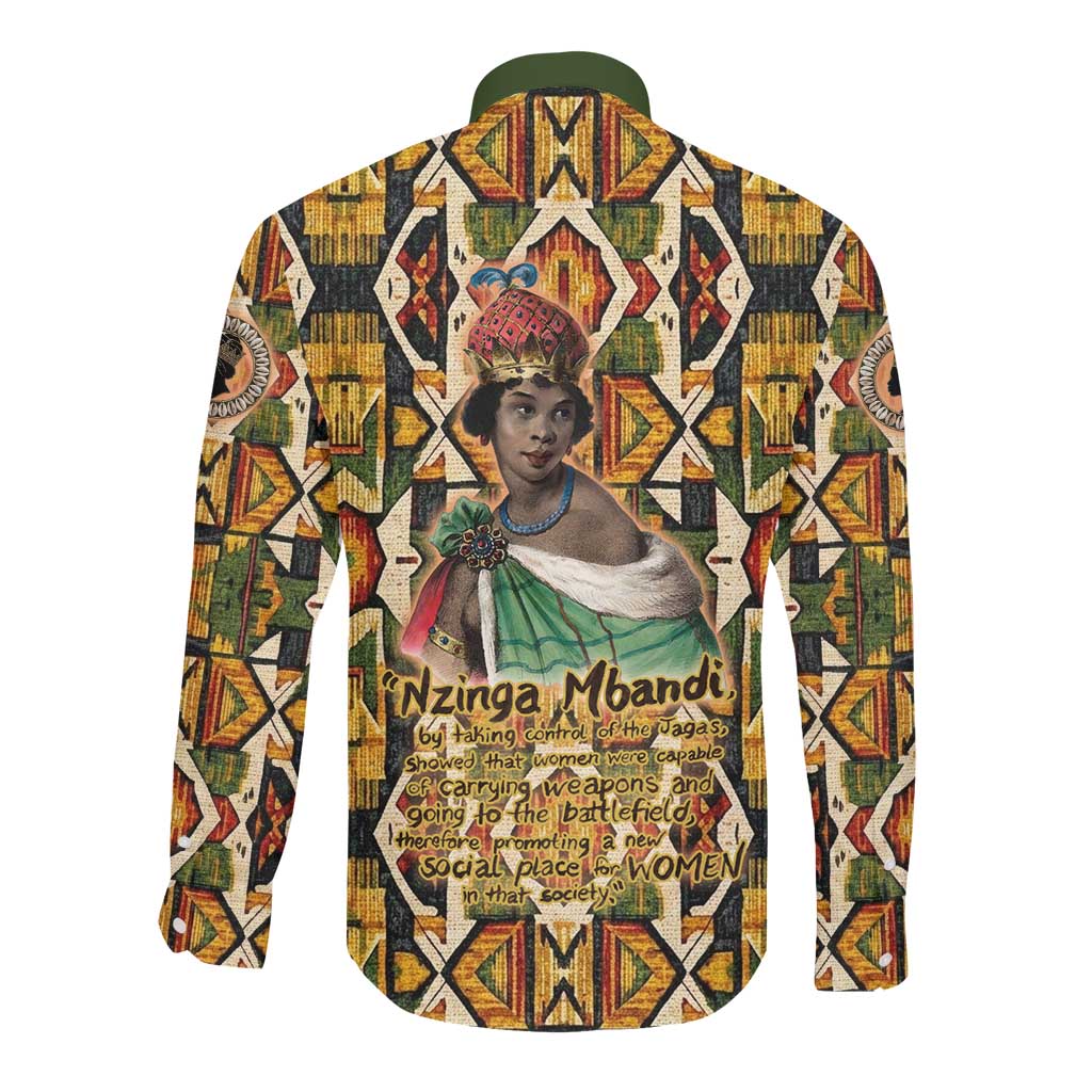 Queen Nzinga Long Sleeve Button Shirt Mbandi Traditional Regal Portrait Empowerment Quote African Female Leadership - African Pride