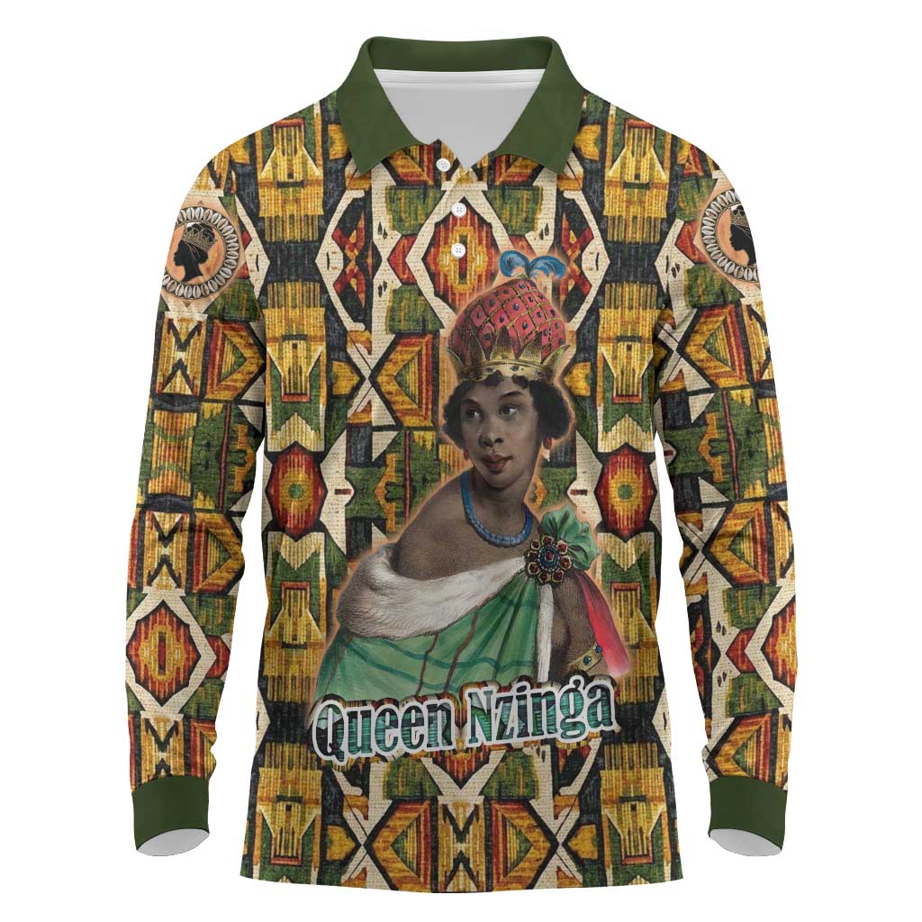 Queen Nzinga Long Sleeve Polo Shirt Mbandi Traditional Regal Portrait Empowerment Quote African Female Leadership - African Pride