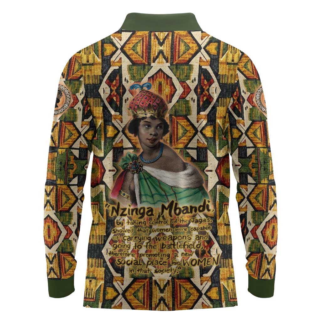 Queen Nzinga Long Sleeve Polo Shirt Mbandi Traditional Regal Portrait Empowerment Quote African Female Leadership - African Pride