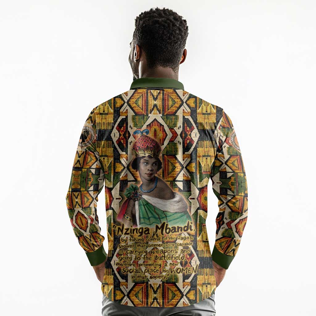 Queen Nzinga Long Sleeve Polo Shirt Mbandi Traditional Regal Portrait Empowerment Quote African Female Leadership - African Pride