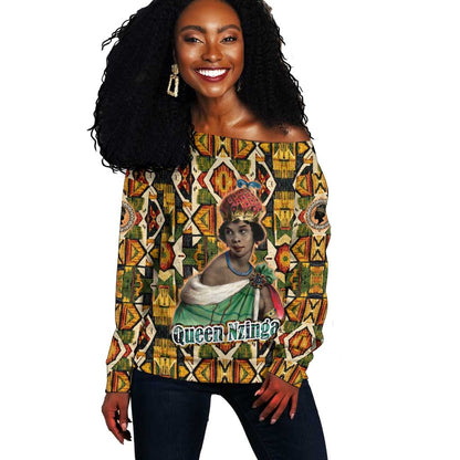 Queen Nzinga Off Shoulder Sweater Mbandi Traditional Regal Portrait Empowerment Quote African Female Leadership - African Pride