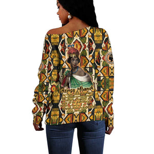 Queen Nzinga Off Shoulder Sweater Mbandi Traditional Regal Portrait Empowerment Quote African Female Leadership - African Pride