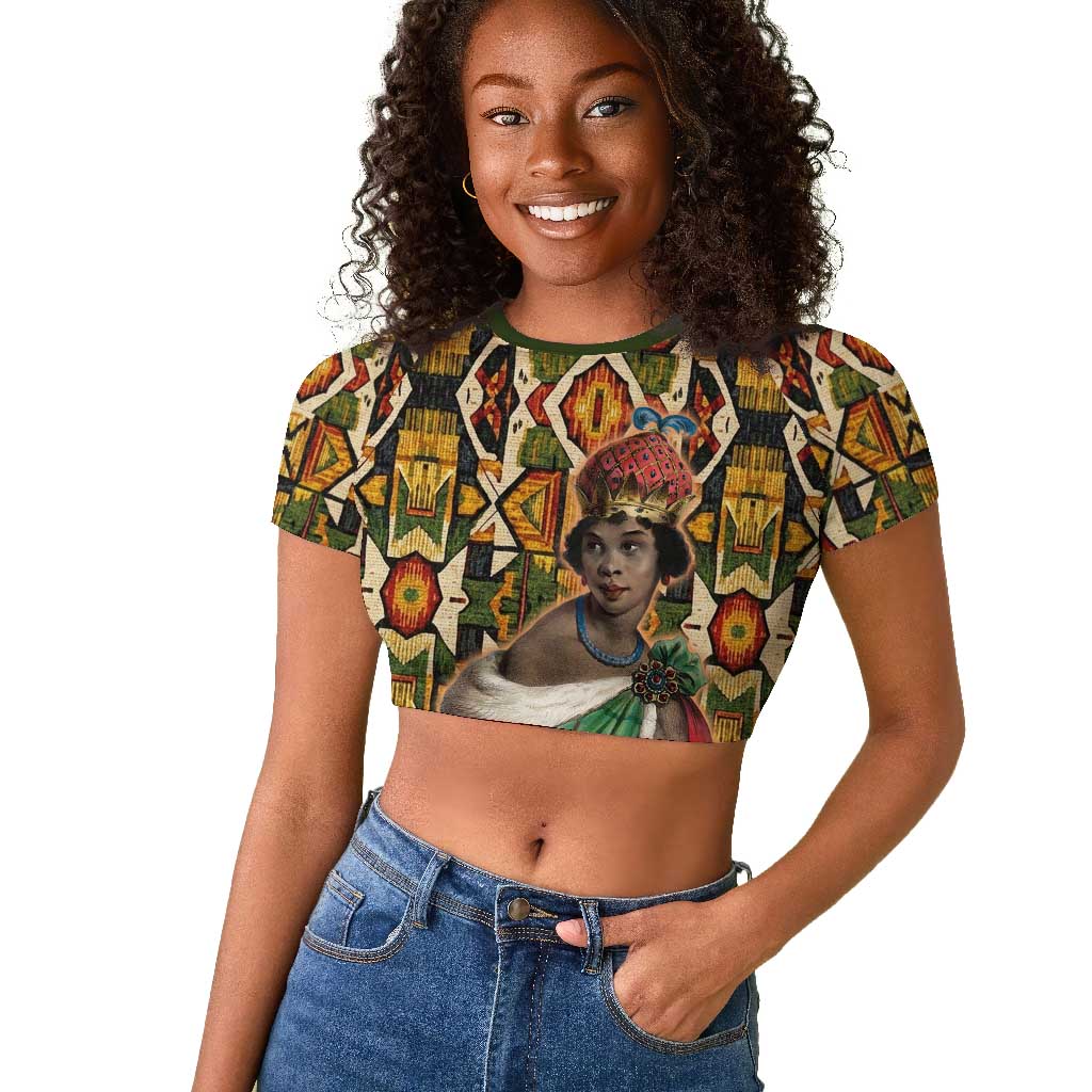 Queen Nzinga Raglan Cropped T shirt Mbandi Traditional Regal Portrait Empowerment Quote African Female Leadership - African Pride