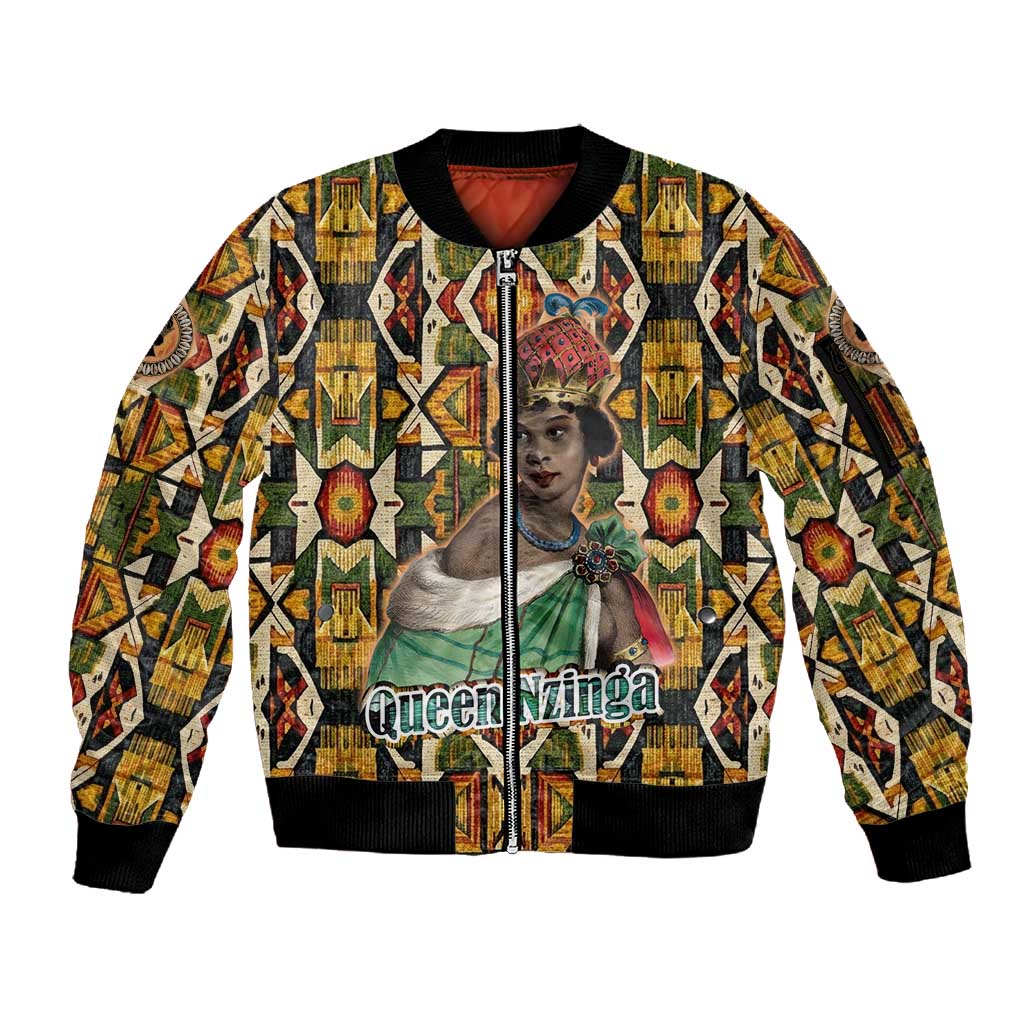 Queen Nzinga Sleeve Zip Bomber Jacket Mbandi Traditional Regal Portrait Empowerment Quote African Female Leadership - African Pride