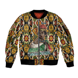 Queen Nzinga Sleeve Zip Bomber Jacket Mbandi Traditional Regal Portrait Empowerment Quote African Female Leadership - African Pride