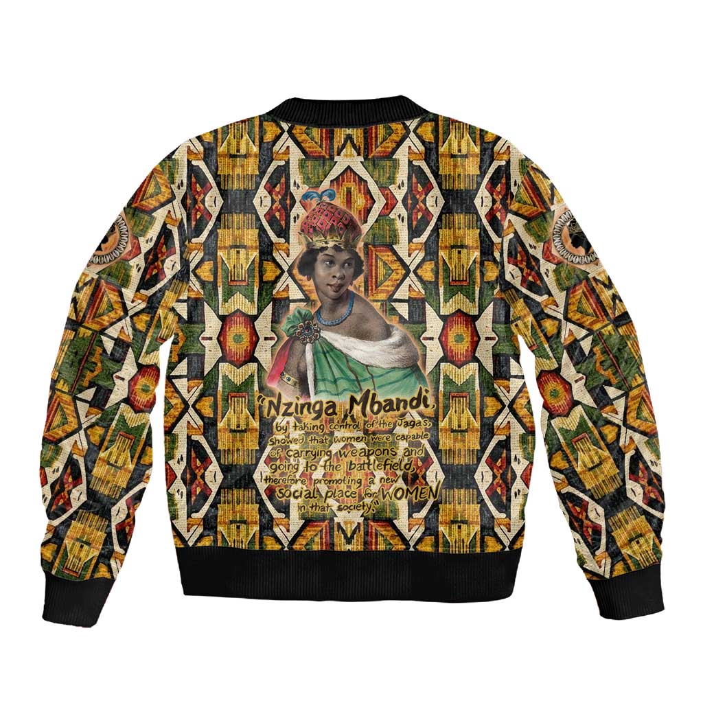 Queen Nzinga Sleeve Zip Bomber Jacket Mbandi Traditional Regal Portrait Empowerment Quote African Female Leadership - African Pride
