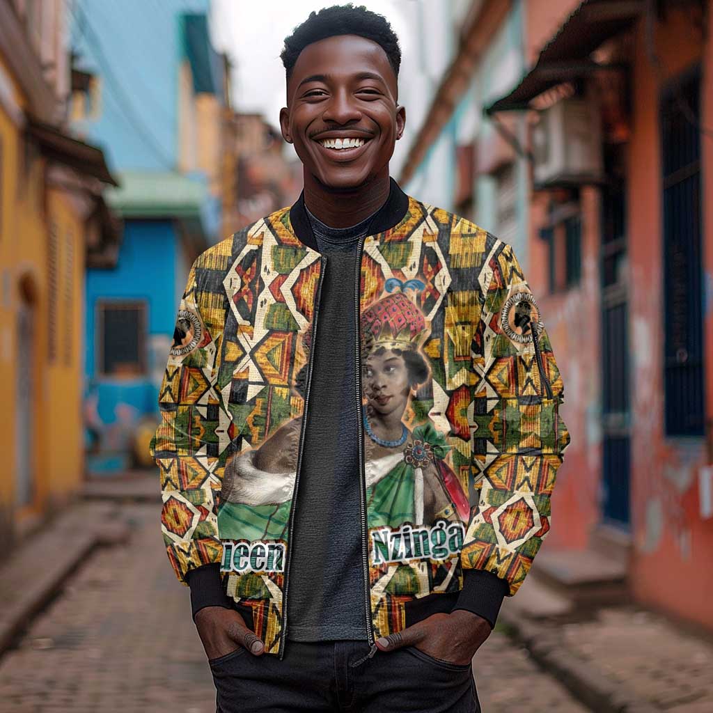 Queen Nzinga Sleeve Zip Bomber Jacket Mbandi Traditional Regal Portrait Empowerment Quote African Female Leadership - African Pride