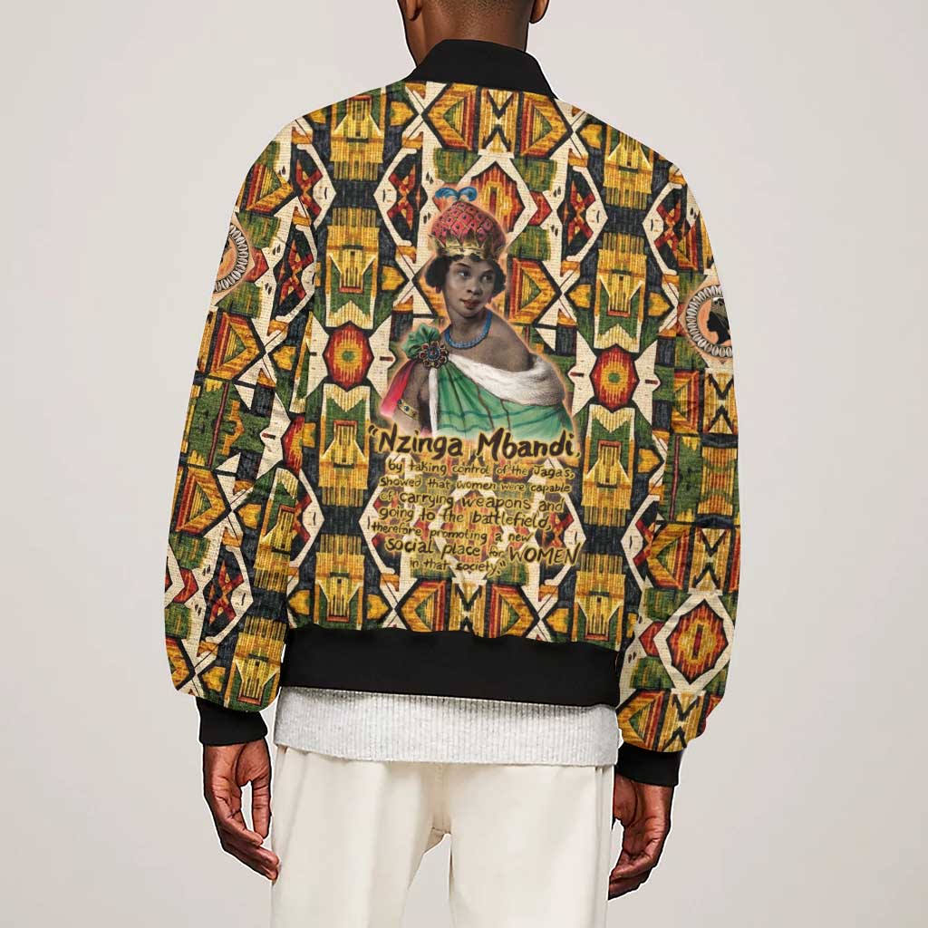 Queen Nzinga Sleeve Zip Bomber Jacket Mbandi Traditional Regal Portrait Empowerment Quote African Female Leadership - African Pride