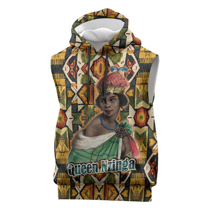 Queen Nzinga Sleeveless Hoodie Mbandi Traditional Regal Portrait Empowerment Quote African Female Leadership - African Pride