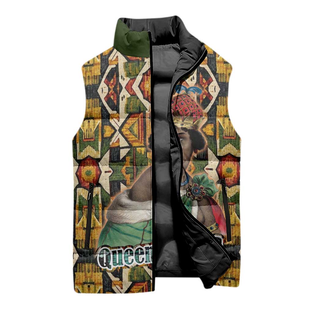 Queen Nzinga Sleeveless Puffer Jacket Mbandi Traditional Regal Portrait Empowerment Quote African Female Leadership - African Pride
