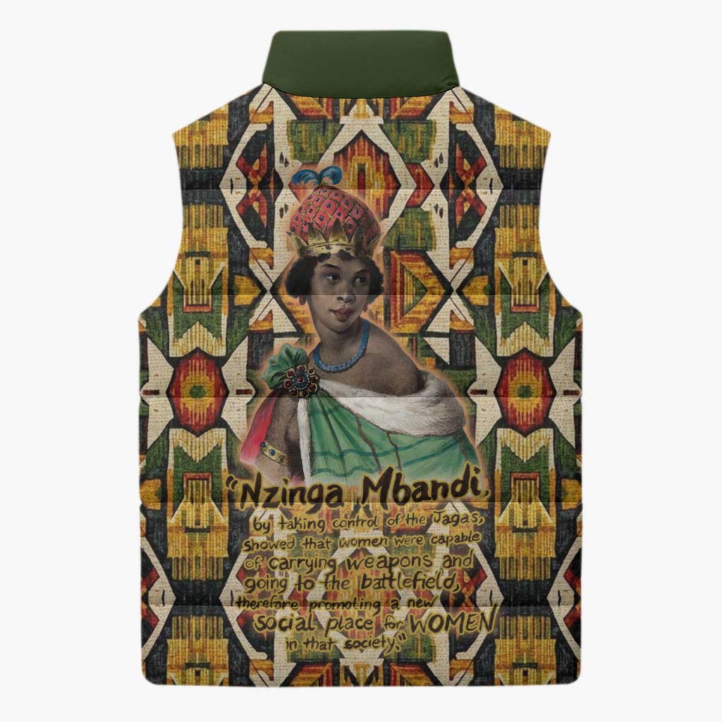 Queen Nzinga Sleeveless Puffer Jacket Mbandi Traditional Regal Portrait Empowerment Quote African Female Leadership - African Pride