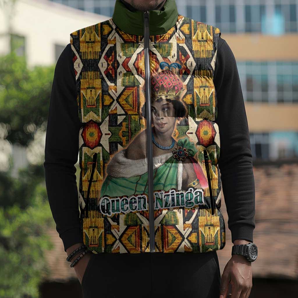 Queen Nzinga Sleeveless Puffer Jacket Mbandi Traditional Regal Portrait Empowerment Quote African Female Leadership - African Pride