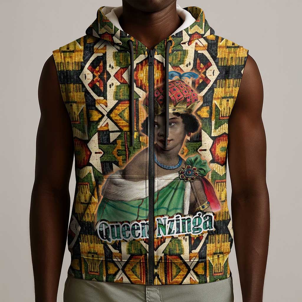 Queen Nzinga Sleeveless Zip Hoodie Mbandi Traditional Regal Portrait Empowerment Quote African Female Leadership - African Pride