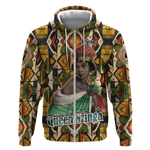 Queen Nzinga Zip Hoodie Mbandi Traditional Regal Portrait Empowerment Quote African Female Leadership - African Pride