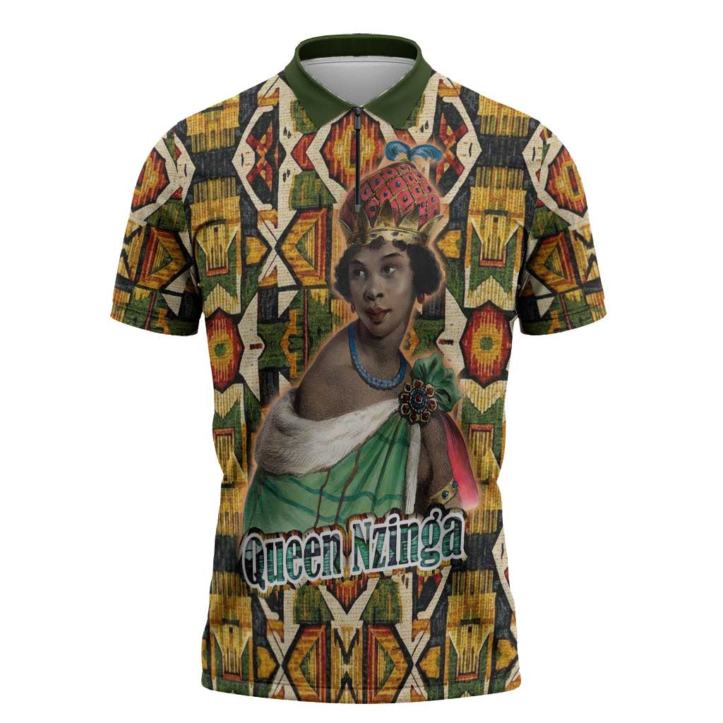 Queen Nzinga Zipper Polo Shirt Mbandi Traditional Regal Portrait Empowerment Quote African Female Leadership - African Pride