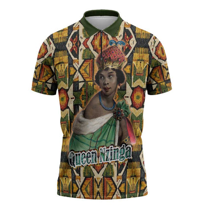 Queen Nzinga Zipper Polo Shirt Mbandi Traditional Regal Portrait Empowerment Quote African Female Leadership - African Pride