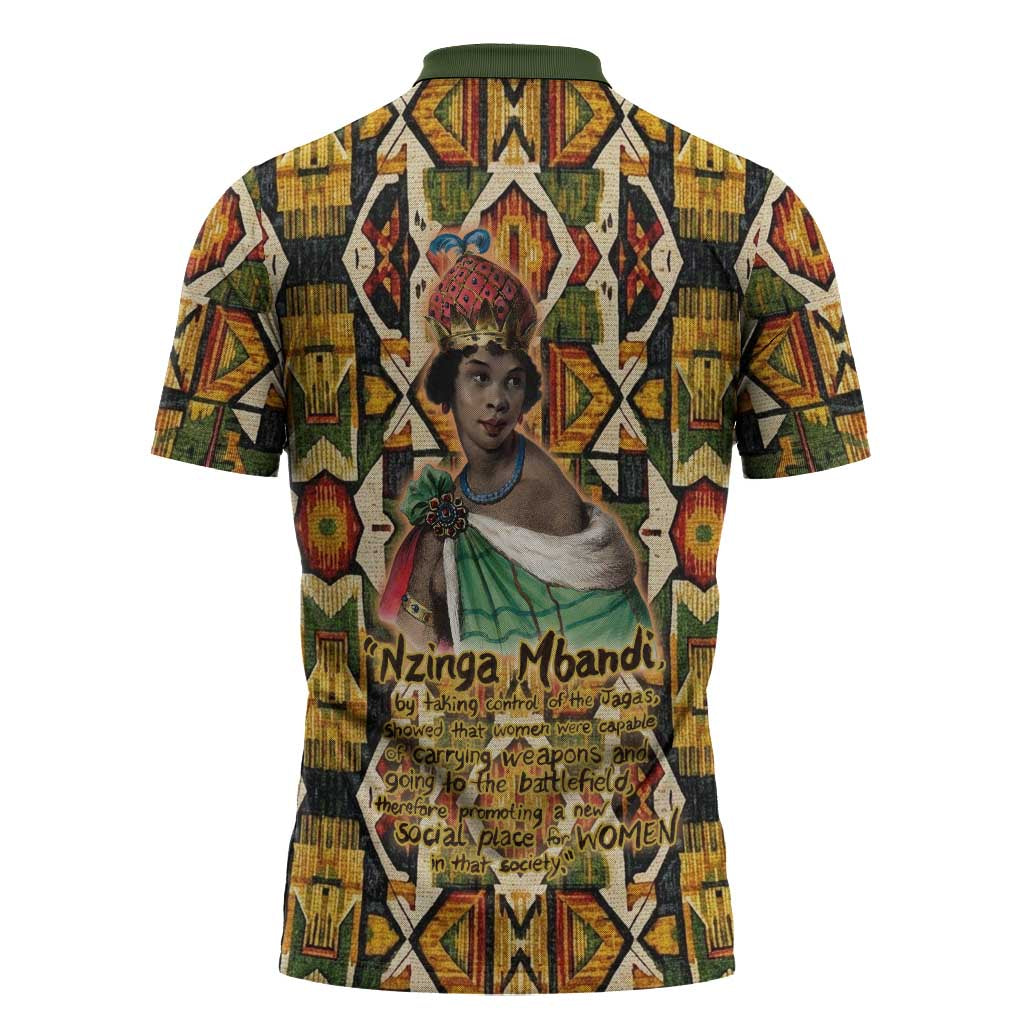 Queen Nzinga Zipper Polo Shirt Mbandi Traditional Regal Portrait Empowerment Quote African Female Leadership - African Pride
