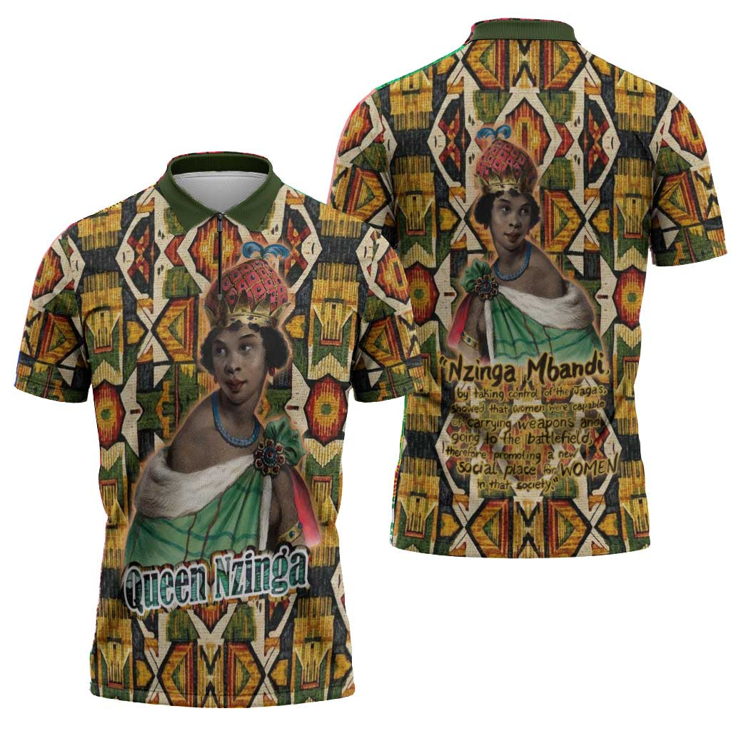 Queen Nzinga Zipper Polo Shirt Mbandi Traditional Regal Portrait Empowerment Quote African Female Leadership - African Pride