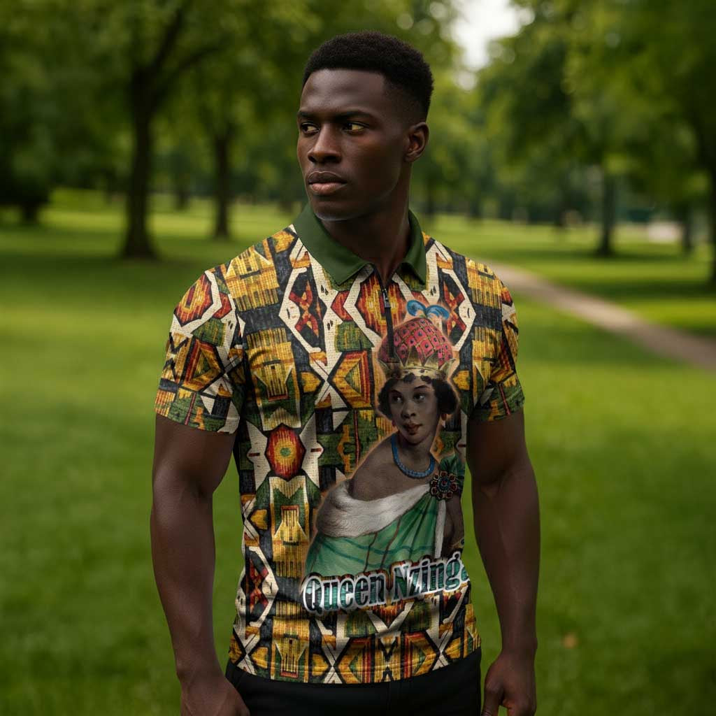 Queen Nzinga Zipper Polo Shirt Mbandi Traditional Regal Portrait Empowerment Quote African Female Leadership - African Pride