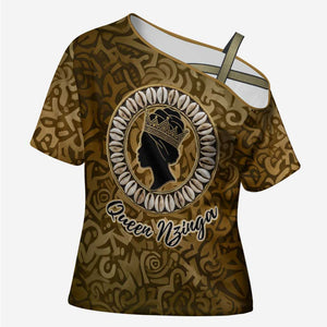 Queen Nzinga Cross Shoulder Shirt Cowrie Crown Silhouette Royal Power - African Pride