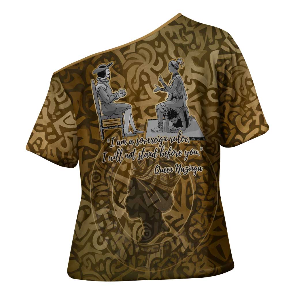 Queen Nzinga Cross Shoulder Shirt Cowrie Crown Silhouette Royal Power - African Pride