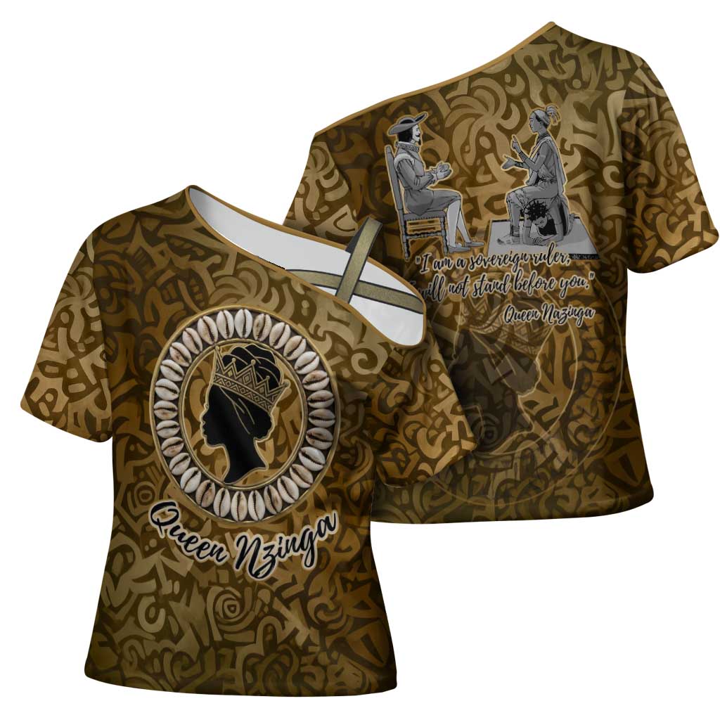 Queen Nzinga Cross Shoulder Shirt Cowrie Crown Silhouette Royal Power - African Pride