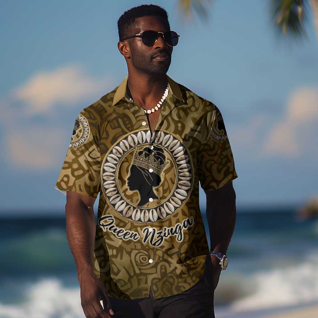 Queen Nzinga Hawaiian Shirt Cowrie Crown Silhouette Royal Power - African Pride