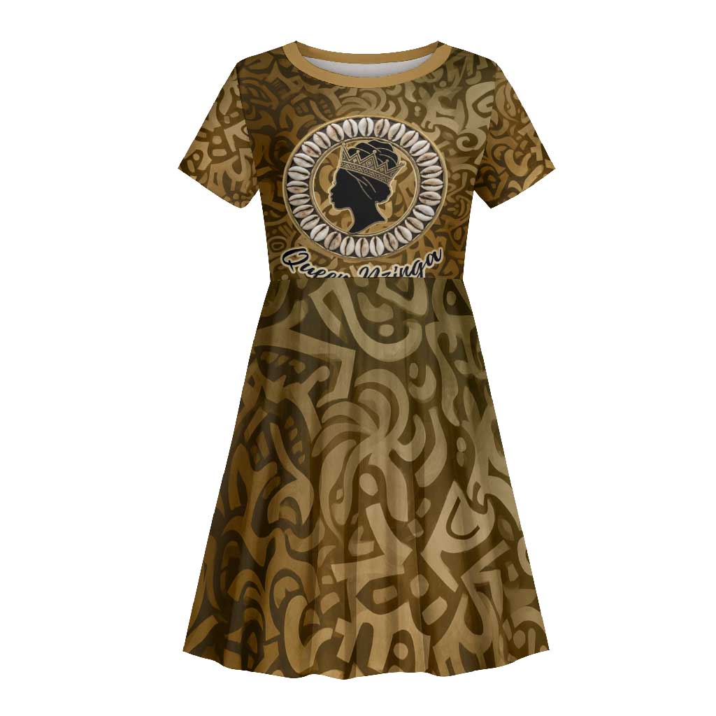 Queen Nzinga Kid Short Sleeve Dress Cowrie Crown Silhouette Royal Power - African Pride