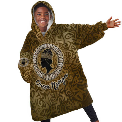 Queen Nzinga Kid Wearable Blanket Hoodie Cowrie Crown Silhouette Royal Power - African Pride